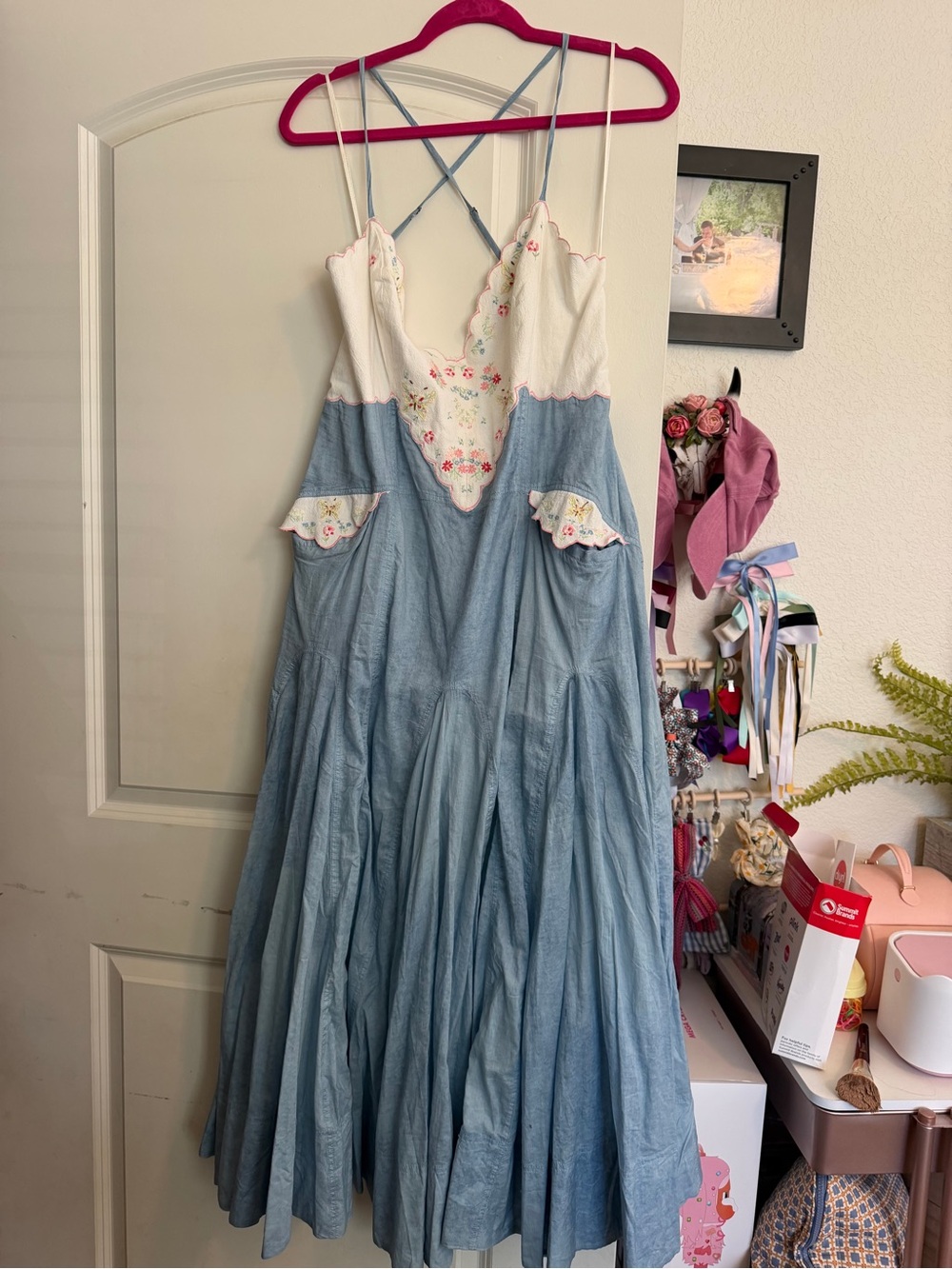 Free People Light Blue and White Floral-Embroidered Maxi Dress